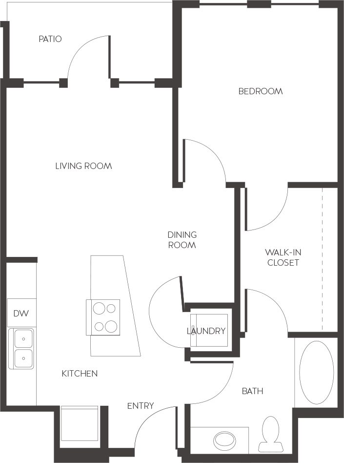 Floor plan for 1 bed, 1 bath, 714 sqft